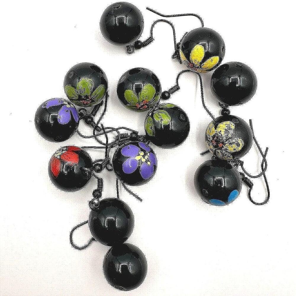 Vintage Y2K Hand Painted Floral Beaded Dangle Earrings Lot Boho Women's Jewelry